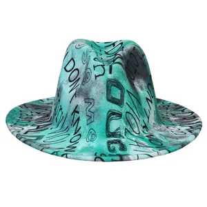 Detail of mint green and white tie-dye fedora with black graffiti style text print