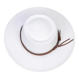 Top view of white flat-top fedora with dark brown leather band and gold metal buckle