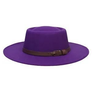 Elegant purple wool felt flat top boater hat with a brown leather buckle strap accent