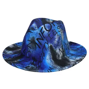 Detail of blue tie-dye fedora hat with street style graffiti text prints and wide brim