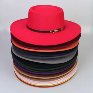 Vertical stack of colorful flat top wool fedora hats with leather belts and metal buckles