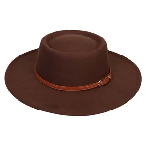 Detail of dark brown fedora hat with wide brim and decorative leather belt strap