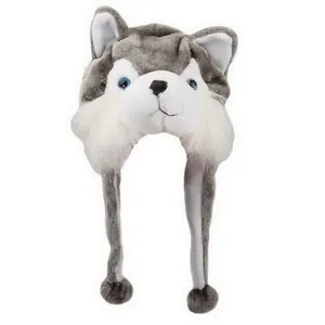 Cappello di peluche a forma di husky in pelliccia sintetica grigia e bianca con pompon