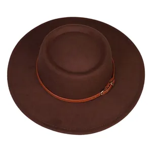 Close-up of dark brown wool felt fedora with stylish faux leather belt and gold buckle