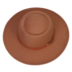 Detail view of brown felt fedora hat featuring thin leather belt with a metal buckle