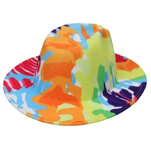 Colorful tie-dye graffiti fedora hat with a wide brim and vibrant abstract print patterns