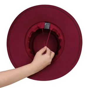 Burgundy flat top wool felt fedora hat featuring adjustable inner drawstring for perfect fit