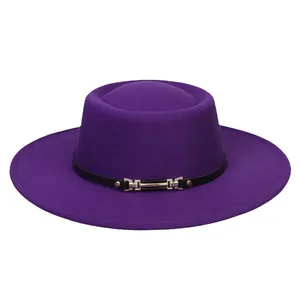Modern purple flat top boater hat with black leather belt and golden buckle