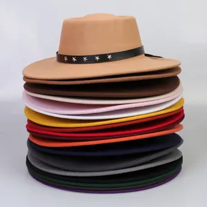 Sombrero Fedora de Copa Plana para Mujer Ala Ancha Poliéster Con Cinturón de Remaches de Estrella Panama Jazz Otoño Invierno