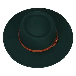Top view of dark green wool felt fedora with brown leather band and metal buckle