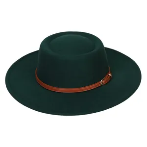 Detail of dark green wide-brimmed felt fedora hat with brown faux leather belt buckle