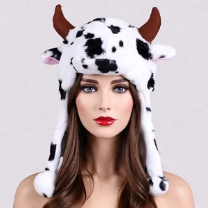 Chapeau Oreillette Animal en Peluche pour Enfants Adultes Hiver Chaud Dessin Animé Tigre Lion Panda Vache Lapin Bonnet pour Fête Accessoires