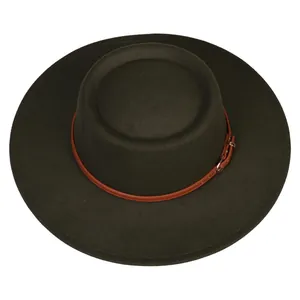 Detail view of a flat brim fedora hat featuring a brown leather band and metal buckle