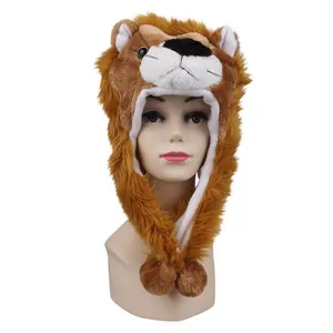 Cappello da leone in peluche con paraorecchie in finta pelliccia e simpatici pompon