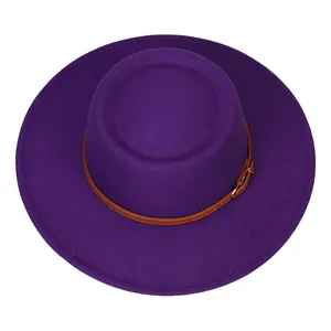 Detail view of purple wool felt fedora with a brown faux leather belt and gold buckle