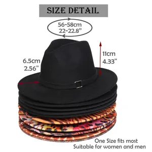 Size chart detail for tie-dye leopard fedora hat showing dimensions and unisex fit