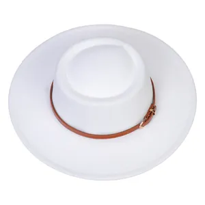 Top view of white flat top boater hat with a brown leather decorative buckle strap