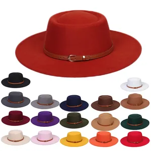 Vintage Unisex Flat Top Boater Hat Wide Brim Polyester Felt Fedora With Leather Belt Buckle Autumn Winter Fashion Sun Hat Travel Hat