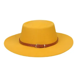 Bright yellow wide brim wool felt fedora with a brown leather strap and gold buckle