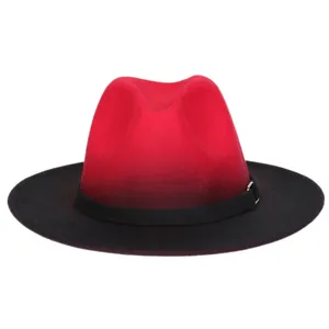 Detail of red fedora crown with black brim and silver buckle adjustment strap