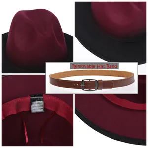 Détails du chapeau fedora bicolore avec bandeau amovible et cordon de serrage intérieur réglable