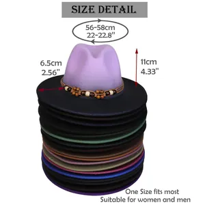 Size chart detail of wide brim fedora hat showing 56-58cm head circumference measurements