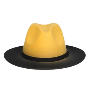 Macro detail of high-quality felt fedora with yellow crown and black brim contrast