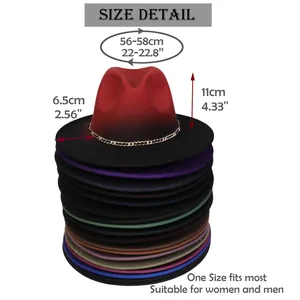 Size chart for two-tone fedora showing 56-58cm circumference and metal chain detail