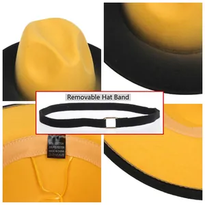 Detail view of yellow fedora hat with black brim and removable decorative band