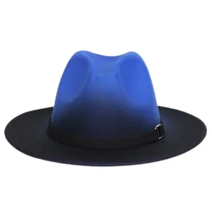 Close-up of blue to black gradient fedora hat with felt texture and black metal buckle band