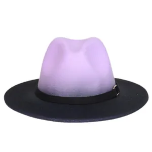 Detail of purple gradient wool fedora hat with black band and gold metal buckle