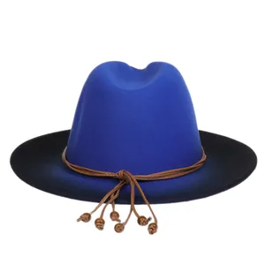 Detail of blue and black gradient wool fedora hat with brown leather rope and wooden beads