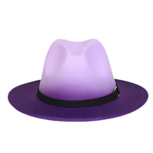 Detailed macro view of tie-dye gradient wool felt fedora with black decorative belt and gold buckle