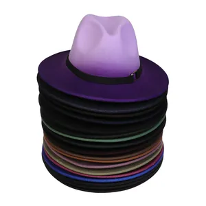 Vertical stack of vibrant tie-dye fedora hats in various colors with metal buckles