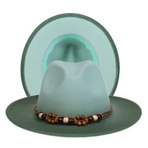 Two-tone wool felt fedora hat with wide brim and beaded band in green gradient