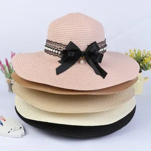 Women's Wide Brim Paper Straw Sun Hat With Large Satin Bow Elegant Lace And Faux Pearl Decoration Beach Vacation Foldable Summer Hat
