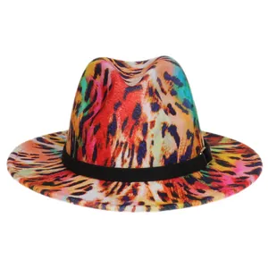 Close-up of vibrant tie-dye pattern and black band on this stylish colorful fedora hat