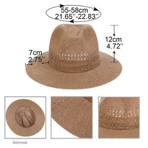 Size guide for breathable summer fedora straw hat showing head circumference and brim dimensions