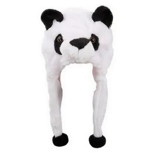 Detailed view of plush panda hat featuring black ears and soft fuzzy textures for winter