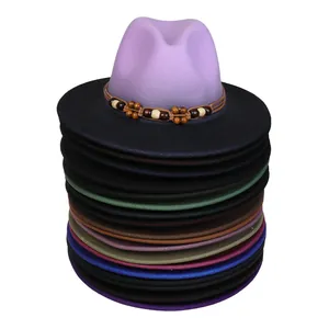 Stack of wide brim wool fedora hats in multi-color options with ethnic beaded band details
