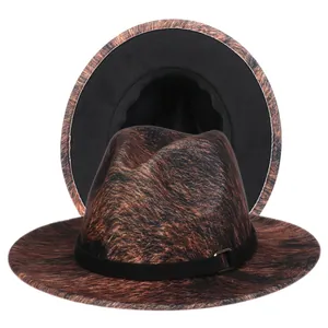 Detail of leopard print fedora with black decorative band and golden metal buckle