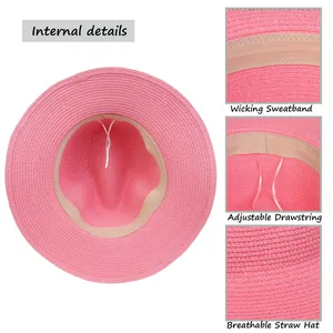 Détails du chapeau de paille rose avec cordon ajustable et bande de confort respirante
