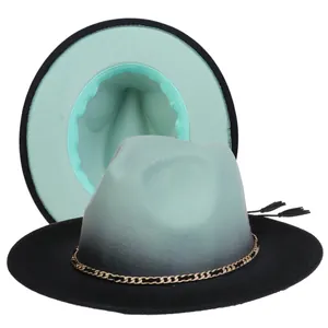 Detail of two-tone gradient fedora with gold chain link and inner sweatband lining