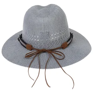 Italian vintage light gray knitted Panama hat with brown leather buckle bow accent