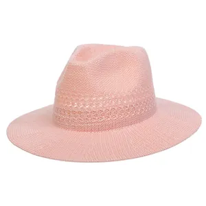 Elegant pink wide brim Panama straw hat with decorative hollow breathable band