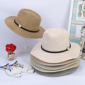 Straw sun hats with black woven band and heart buckle in multiple summer colors