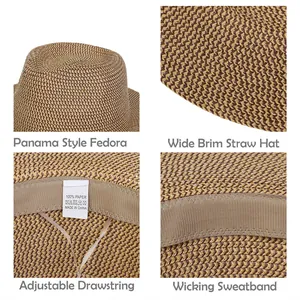 Straw Panama fedora hat for men and women with adjustable drawstring and paper fiber texture
