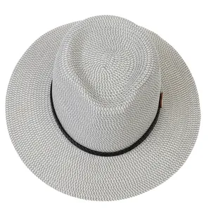 Top-down detail of light gray woven straw fedora hat with black decorative band