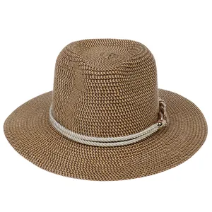 Close-up of dark woven straw hat featuring fine texture and silver braided rope detail
