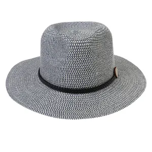 Detail of wide brim straw hat with two-tone weave and leather band with wood buckle
